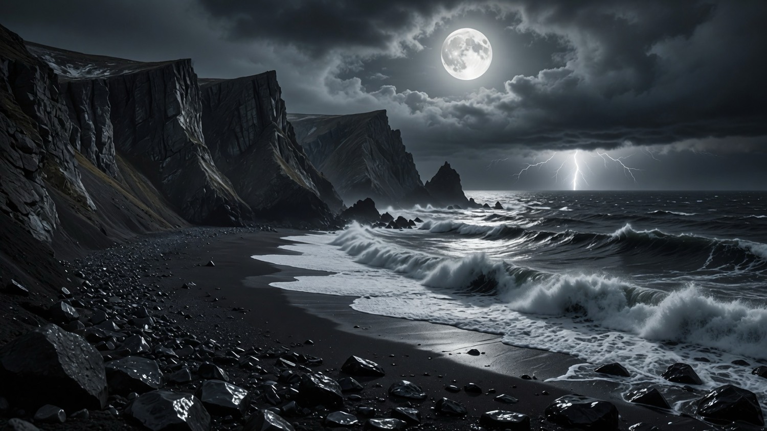 Black beach under the moon